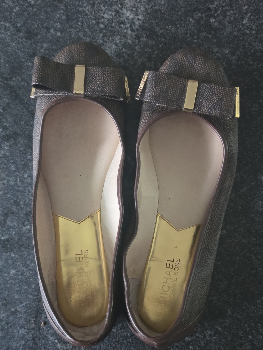Michael Kors Brown Leather Bow Ballet Flats with Gold Accents